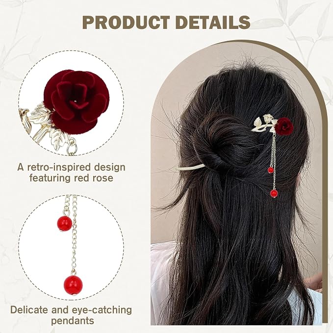 inSowni 8 Pieces Retro Vintage Asian Chinese Traditional Hanfu Gold Metal Rose Flower Butterfly Hair Pins with Bead Pendants Long Hair Sticks Forks Bun Updo Holders Hairpins for Women Girls