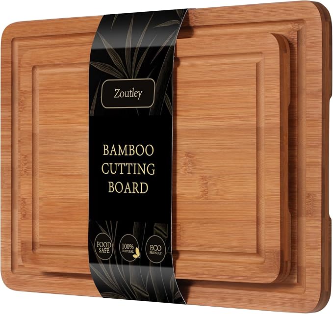 2-Piece Deep Carbonized Bamboo Cutting Board Set with Vertical Drying Stand | Wooden Chopping Boards for Kitchen | Extra Deep Juice Grooves & Easy-Carry Side Handles | Gift-Ready