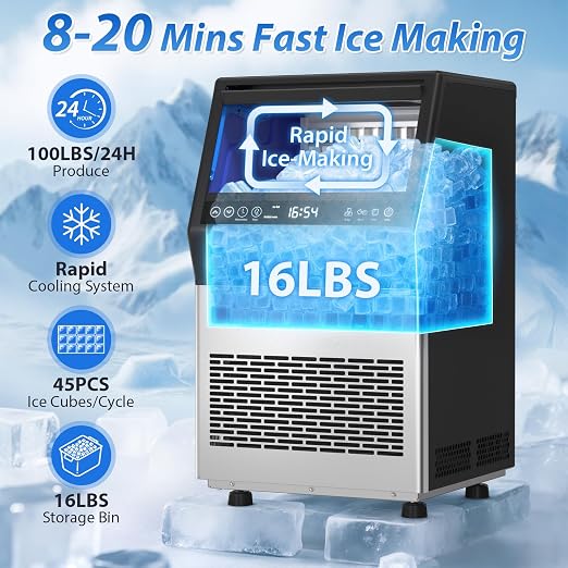Commercial Ice Maker, 100LBS/24H Freestanding Ice Machine with Self-Priming Gallon Water& Facuet Water Inlet, Self-Cleaning, 3 Ice Thickness,16LBs Storage Bin for Home, Office,Garage, Bar, Restraunt