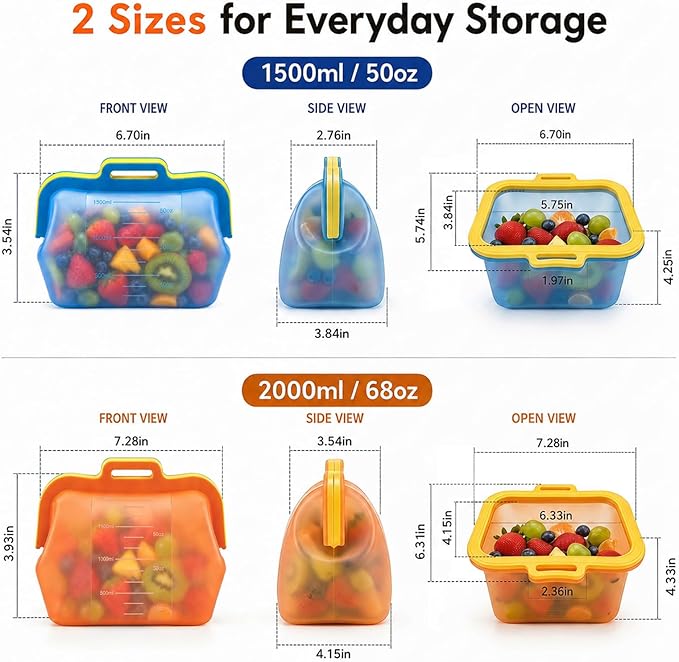 Reusable Silicone Food Storage Bags, NUZEAK Magnetic Seal Reusable Storage Bags, Stand Up Silicone Freezer Bags for Food, Fruit, Snack, Sandwich, Meal Prep, Dishwasher Safe, 50oz, 1 Pack