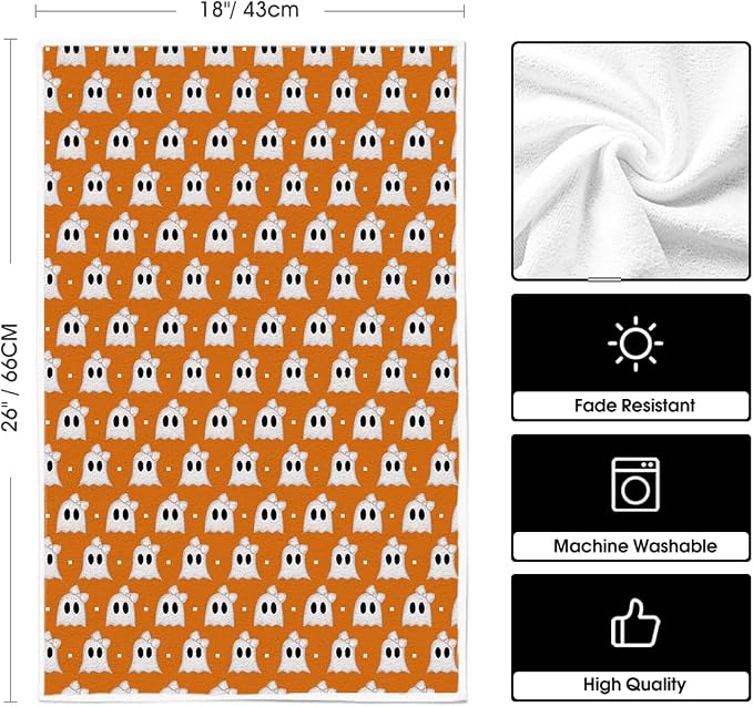 Artoid Mode Orange Ghost Halloween Kitchen Towels Set of 2 18x26 Inch | Spooky Bow Knot Hand & Dish Towels,Ultra Absorbent,Seasonal Farmhouse Decoration