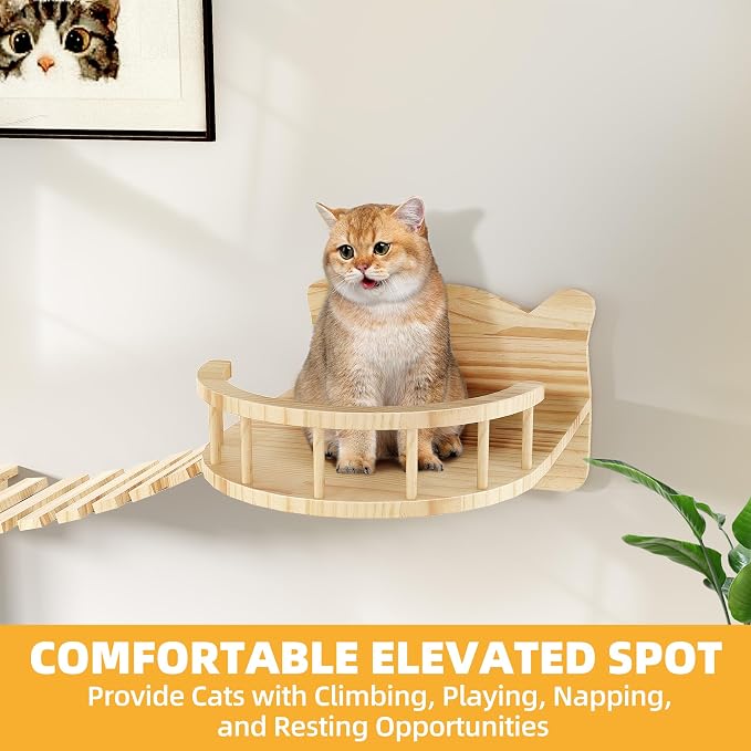 Cat Wall Shelves, 9-in-1 Wood Cat Wall Furniture Set, Burlywood | Cat Climbing Systems for Space-Saving, Wall Mounted Cats Shelves for 16 Inch Drywall, with Scratching Posts, Bridge, Condos