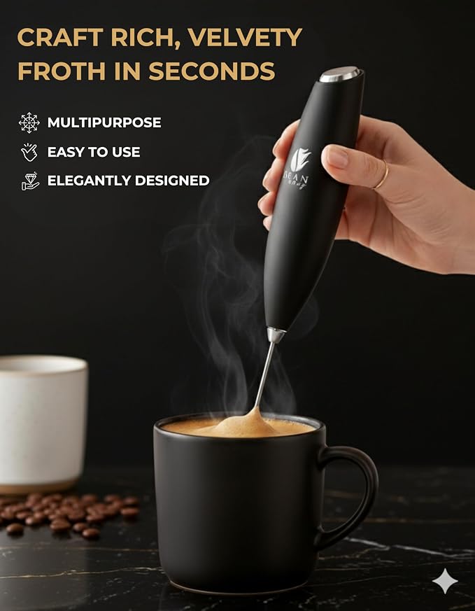 Bean Envy Milk Frother, Coffee Stirrers, Frother Wand, Milk Frother Handheld, Frother with stand, Hand Blender for Coffee, Lattes, Cappuccino, Matcha and Hot Chocolate – Kitchen Gifts - Black