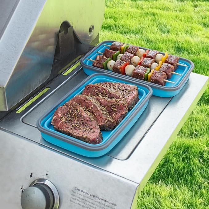 Extra Large Collapsible Food Storage Containers with Lid & Air Vent, 81 oz, 4 Pack, XXL Collapsible Marinade Container BBQ Prep Foldable Silicone Containers, Microwave Freezer Dishwasher Safe, Blue