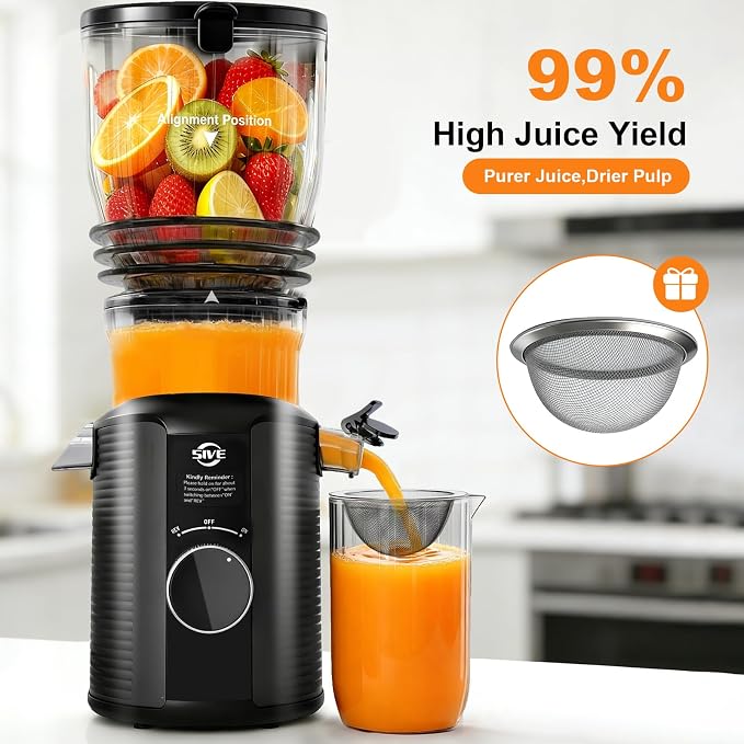 5ive Cold Press Juicer, 5.8 Inch Wide Chute Slow Masticating Extractor | 1.7 L Slow Juice Extractor for Whole Fruits Veggies, Easy Clean Electric Maker with Recipe Guide, Rate of 99% juice