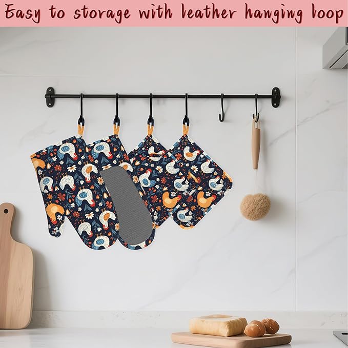 Cute Roosters Hens Chicks Heat-Resistant Silicone Oven Mitts and Pot Holders,Flower Field Long Oven Gloves with Non-Slip Grip for Cooking, Baking, Grilling,BBQ