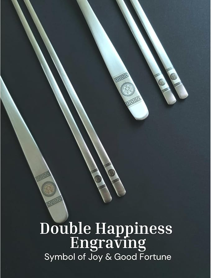 ONGI Korean Spoon and Chopstick 2 Set – Premium 18/10 Stainless Steel – Double Happiness Design – Gift-Ready – Made in Korea – Dishwasher Safe (Hee Pattern Silver 2 Set)