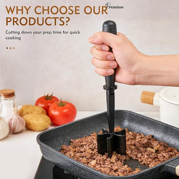 Meat Masher, Ground Beef Masher with 5 Curve Blades & Non-Slip Handle | Upgrade Heat Resistant Hamburger Smasher Tool for Hamburger & Potatoes, Non Stick Mix Ground Meat Chopper(Black)