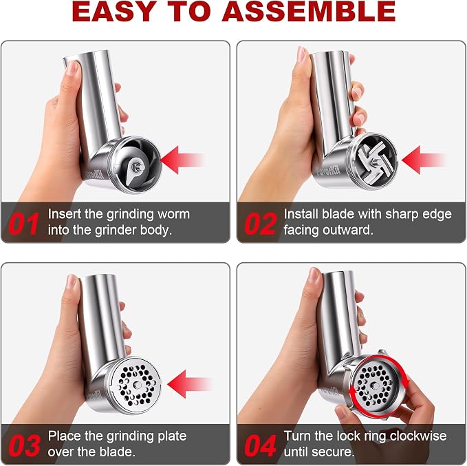 FavorKit Stainless Steel Food Grinder Attachment for KitchenAid Mixers, Dishwasher Safe Meat Processor Accessory Included 3 Sausage Stuffer Tubes
