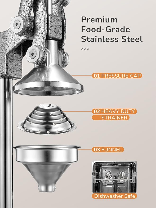 QCen Manual Citrus Juicer Cast Iron Heavy Duty Orange Press | Stainless Steel Strainer, Hand Squeezer, Easy To Clean, For Orange, Lemon, Lime And Grapefruit, Silver