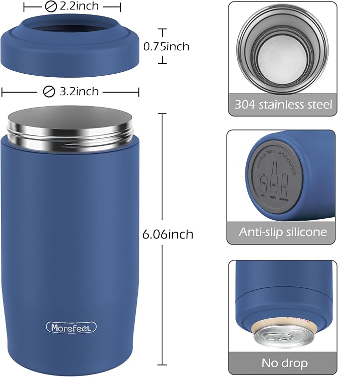 Morefeel 4-in-1 Insulated Can Cooler for 12 oz Cans & Bottles | 304 Stainless Steel Can Holder Fits 12 Oz Slim Cans, Standard Cans, Beer Bottles & Works as A Open Cup; Dishwasher Safe