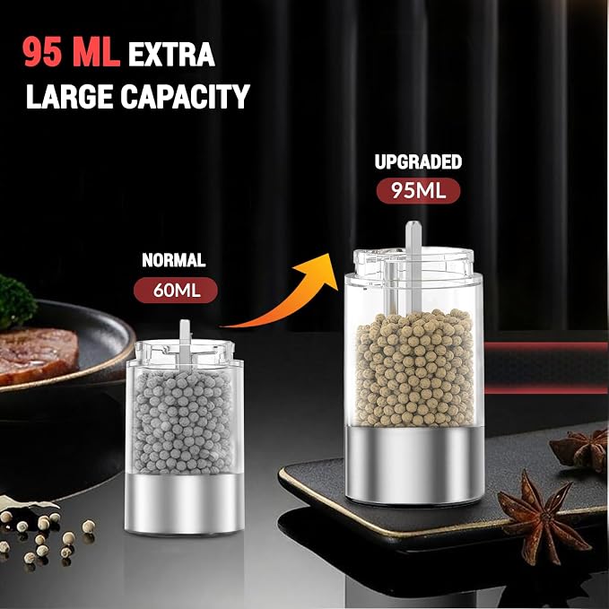 Electric Salt and Pepper Grinder Set, 95ml Large Capacity Automatic Pepper Mill with USB-C Charging Base & LED Light, Adjustable Coarseness Stainless Steel Spice Grinder 2-Piece Set