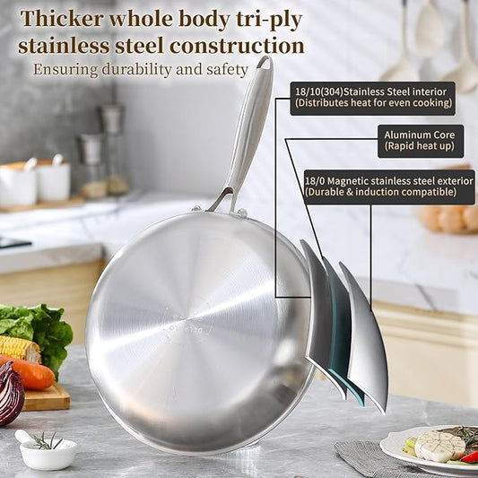 DELARLO Tri-Ply Stainless Steel Pan, 12 inch Frying Pan with Lid, Compatible with All Cooktops Up to 600℉, Fast & Even Heat, Skillet, Induction Cookware, Cooking Pan, Stir Fry Pan, Dishwasher Safe