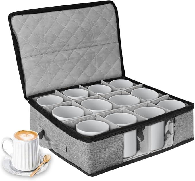 Coffee Cup Storage Organizer, Mug Boxes with Dividers, Stackable & Hard Shell China Mug Boxes with Sturdy Handle, Tea Cup Storage Holds 12 Mug or Glass Cup