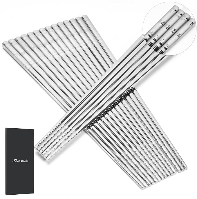 Premium 304 Stainless Steel Chopsticks Set (10 pair) - Reusable Metal Chopsticks with Laser Etching, Elegant Gift Box, Dishwasher Safe