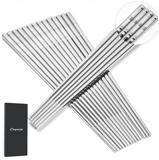 Premium 304 Stainless Steel Chopsticks Set (10 pair) - Reusable Metal Chopsticks with Laser Etching, Elegant Gift Box, Dishwasher Safe