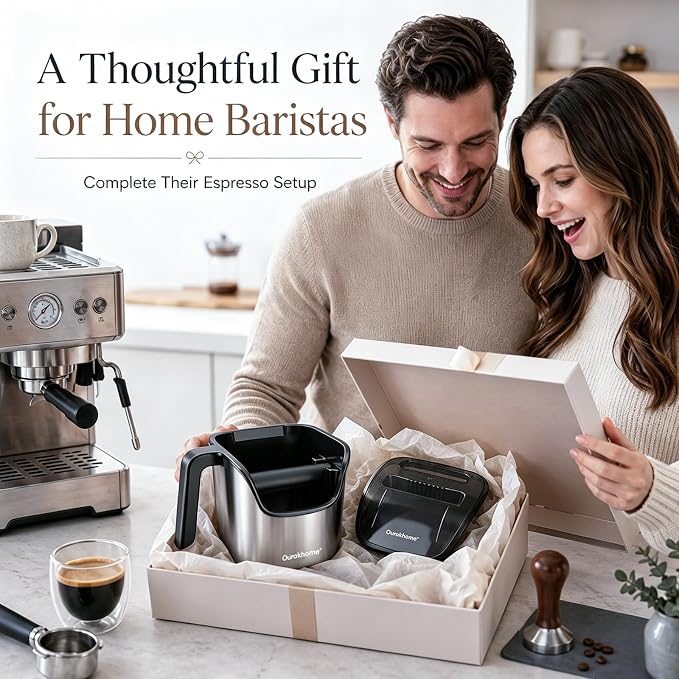 Ourokhome Espresso Knock Box with Lid, Compact Coffee Grounds Container for Home Coffee Bar, Removable Knock Bar, 304 Stainless Steel Exterior, Non-Slip Base & Handle, Easy Clean