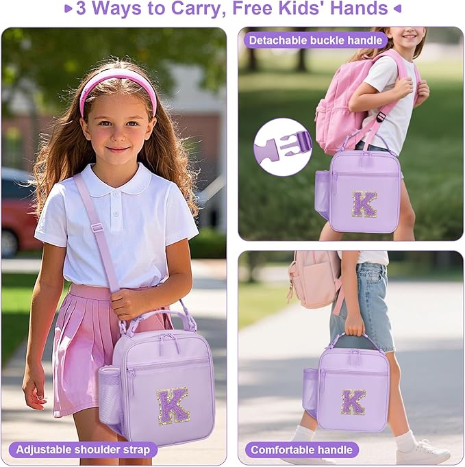 Initial Insulated Lunch Bag for Girls Kids, Back to School Gift, Reusable Leak-proof Lunch Box with Adjustable Strap for School Daycare Travel Picnic (Purple,K)