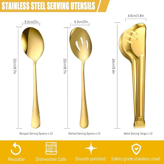 Sabary 36 Pcs Stainless Steel Serving Utensils for Buffet Parties Including 12 Serving Spoons 12 Slotted Spoons 12 Serving Tongs Large Metal Flatware Set for Tanksgiving Catering Banquet(Gold)