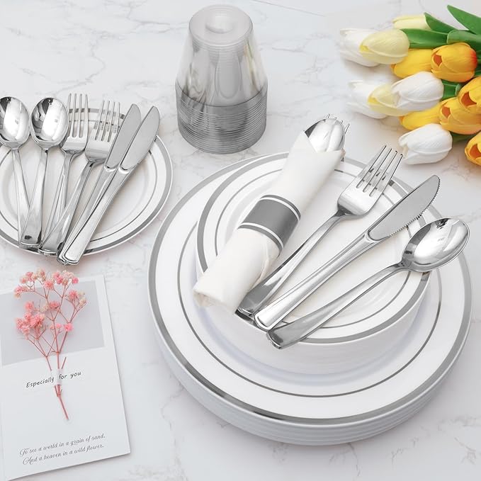 Goodluck 350 Piece Silver Plastic Dinnerware Set for 50 Guests, Fancy Disposable Plates for Party, Include: 50 Dinner Plates, 50 Dessert Plates, 50 Pre Rolled Napkins with Silver Silverware, 50 Cups