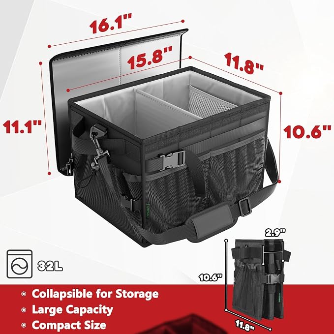 Grill Caddy with Lid, Foldable BBQ Caddy with Paper Towel Holder | 11 Compartments, Easy-Clean Aluminum Interior, 1680D Oxford Fabric, Water-Resistant, Shoulder Strap Included, Tailgating