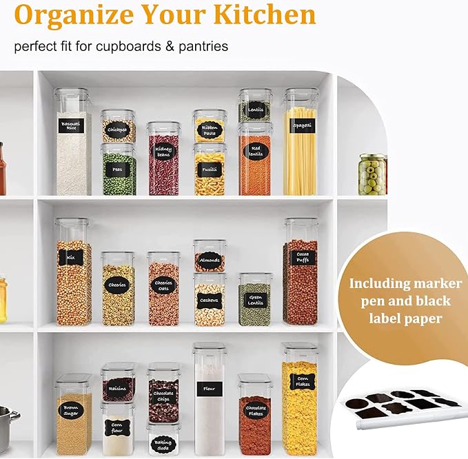 8pc Clear Airtight Canisters with Lids, Kitchen Dry Pantry Storage | 8pk clear airtight containers lock moisture out. Stackable plastic organizers for all your kitchen pantry dry foods