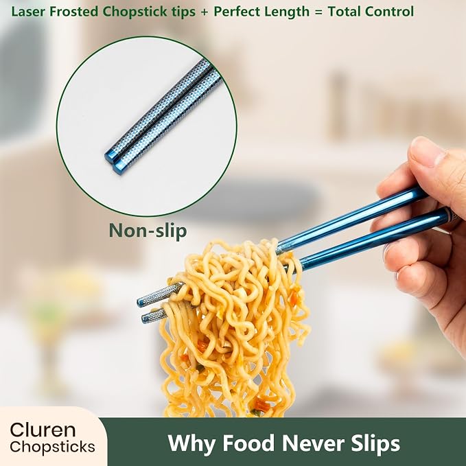 Premium 316L Stainless Steel Chopsticks Set (5 Pair Multicolor) - Reusable Metal Chopsticks with Laser Etching, Elegant Gift Box, Dishwasher Safe
