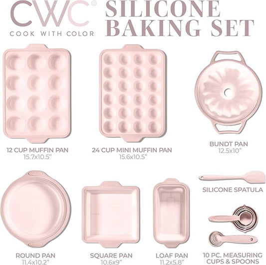 COOK WITH COLOR 17 Pc. Silicone Baking Pan Set - Non-Stick & Easy Clean Silicone Muffin Pans for Baking with Sturdy Metal Frame for Stability, Flexible Cake Molds, Includes Measuring Cups and Spoons