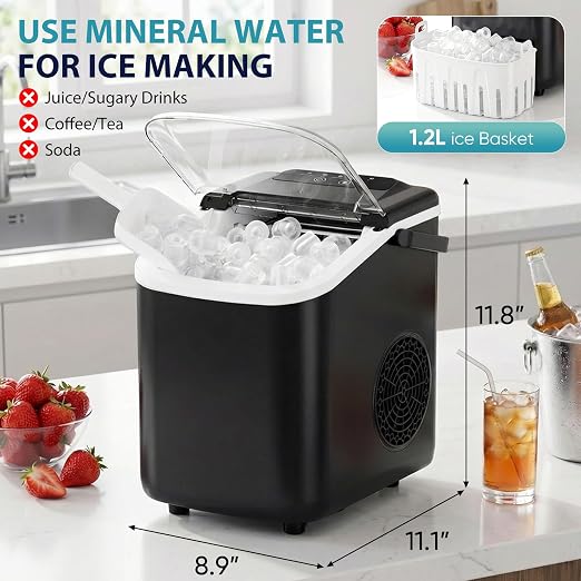 DUMOS Ice Maker Countertop, Ice Machine with Portable Handle, Basket and Scoop, 26lbs Daily, 9 Bullet Cubes in 6-8 Mins, Auto-Cleaning for Home, Kitchen, Office, Outdoors, RV Camping