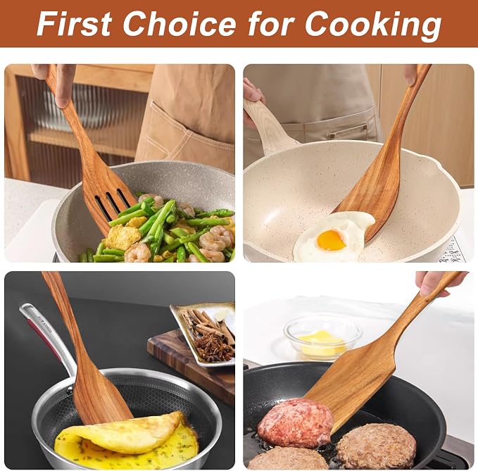 9 Pcs Wooden Kitchen Utensils Set with Holder Cooking Spoons Wood Spatula | Acacia Wood Spoons for Cooking Utensils Teak Flat Spatula Spurtles Large Mixing Serving Spaghetti Spoon Slotted Turner