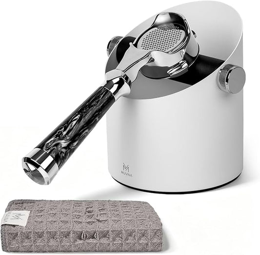 Espresso Knock Box Large Capacity - 15 Pucks Coffee Knock Box with Barista Towels, Removable Knock Bar & Non-Slip Base, Steel Coffee Puck Bin for Home, Espresso Accessories, White