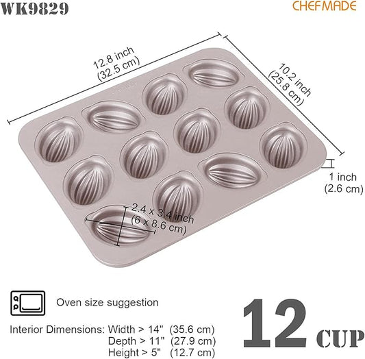 CHEFMADE Muffin Cake Pan, 12-Cavity Non-Stick Rugby-Shaped Bakeware for Oven Baking (Champagne Gold)