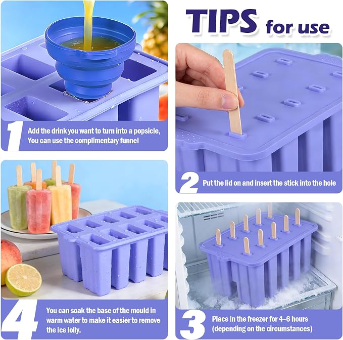 Purple Silicone Popsicles Molds,10 Cavity Homemade Popsicle Molds DIY Ice Pop Molds for Kids & Adults Food Grade BPA-Free with Popsicle Maker Sticks Popsicles Bags A Funnel
