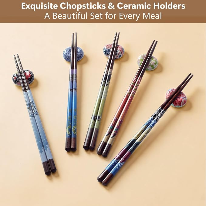 Antner 5 Pairs Reusable Wooden Chopsticks & Ceramic Rests Set, 8.8 Inch/22.5cm Classic Japanese Style Chop Sticks with Chopstick Holders for Ramen Sushi Asian Cuisine Lovers, Black Gift Box