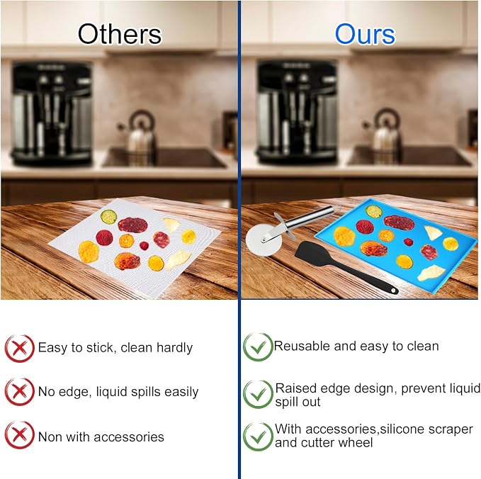 8PCS Silicone Dehydrator Trays with Edge Fruit Leather Trays 12 x 10 Inch | Non-stick Dehydrator Mats with Silicone Scraper Cutter Wheel for Fruit Vegetables Meat Herbs and Liquid