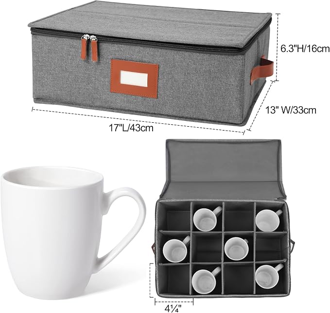 2 Pack Cup and Mug Storage Box with Dividers for 24 Tea Cups and Coffee, Coffee Mug Storage with Zipper Lid and Rivet Reinforced Handles, Protects Fine China, Hard Top, Sides and Stackable (Grey)