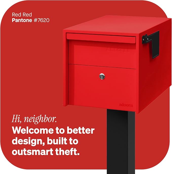 Adoorn Lockable Post Mount Mailboxes for Outside - Small Anti-Theft Locking Mailbox for Packages and Letters - Weatherproof Construction - Durable Steel - 12" H x 12" W x 18.5" D - Red