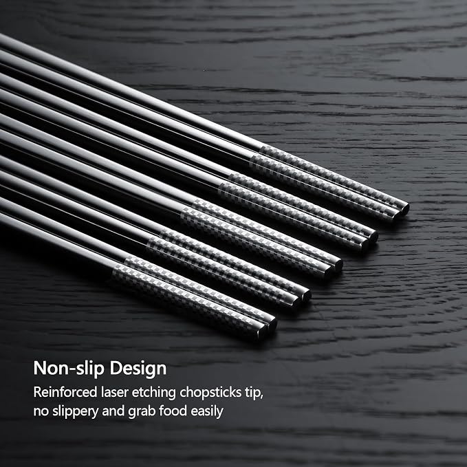 IQCWOOD 5 Pairs 18/8 Stainless Steel Chopsticks – Non-Slip Laser Engraved Metal Chopsticks for Asian Food Sushi Ramen Pho, Reusable & Dishwasher Safe Gift Box