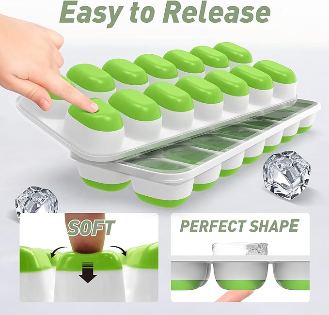 ChefAide Ice Cube Tray with Lid, 2 Packs 28 Cubes Durable Stackable Ice Cube Trays for Freezer with Removable Lids, Easy-Release Plastic & Silicone Ice Tray for Cocktail, Coffee.