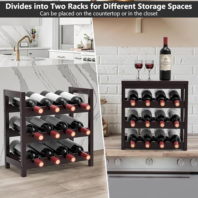 Wine Rack Free Standing Floor,6 Tier 24 Bottles Floor Wine Storage Shelves | Bamboo Wine Rack with Table Top,Wine Organizer Shelf for Kitchen Dining Room Bar,Easy-Assembly,Dark Brown