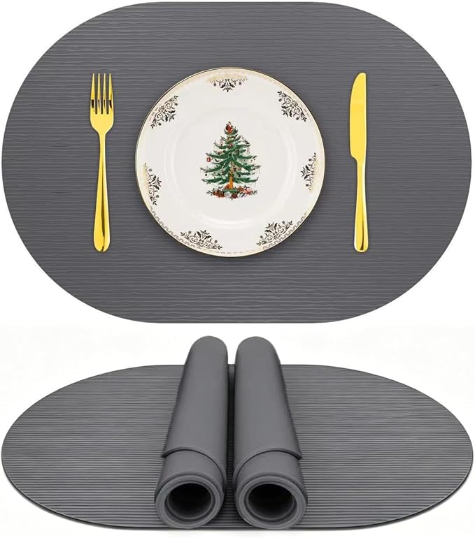 IYYI Silicone Placemats, Dining Placemats Set of 4, Waterproof Placemats for Kids, Heat Resistant Non-Slip Silicone Mats for Dinner Table, Dishwasher Safe (Dark Gray, 17.7" ×12")