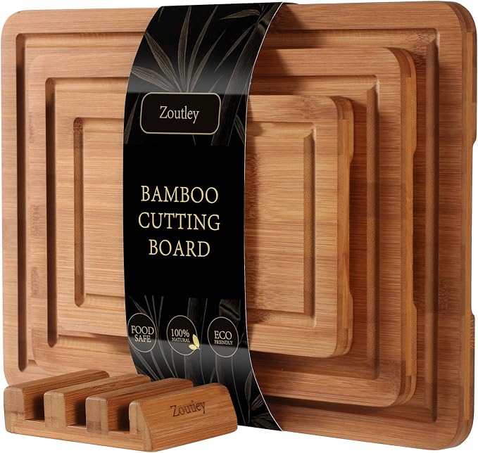 3-Piece Deep Carbonized Bamboo Cutting Board Set with Vertical Drying Stand | Wooden Chopping Boards for Kitchen | Extra Deep Juice Grooves & Easy-Carry Side Handles | Gift-Ready