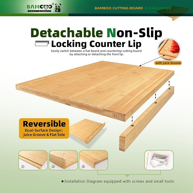 BAMOTTO CRAFTBAMBOO 21.7x18.9 in Oversized Bamboo Cutting Board Sink Cover | Non-Slip Detachable Lip | Reversible Juice Groove & Flat Side | Kitchen Noodle Board Stovetop Cover