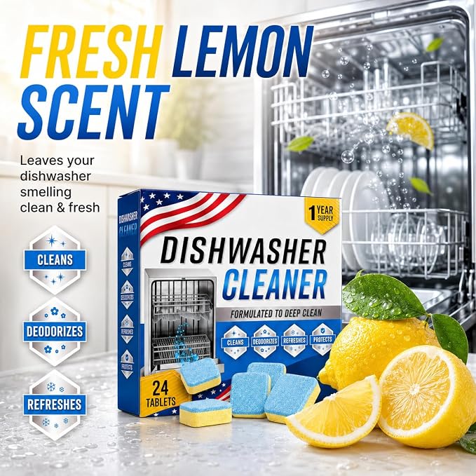 Dishwasher Cleaner Deodorizer Tablets, 24 Pack Dishwasher Cleaning Tablets Descaler Pods for Limescale, Calcium & Hard Water Stains, Lemon Dishwasher Cleaner Pods for Odor, Grease & Machine Care