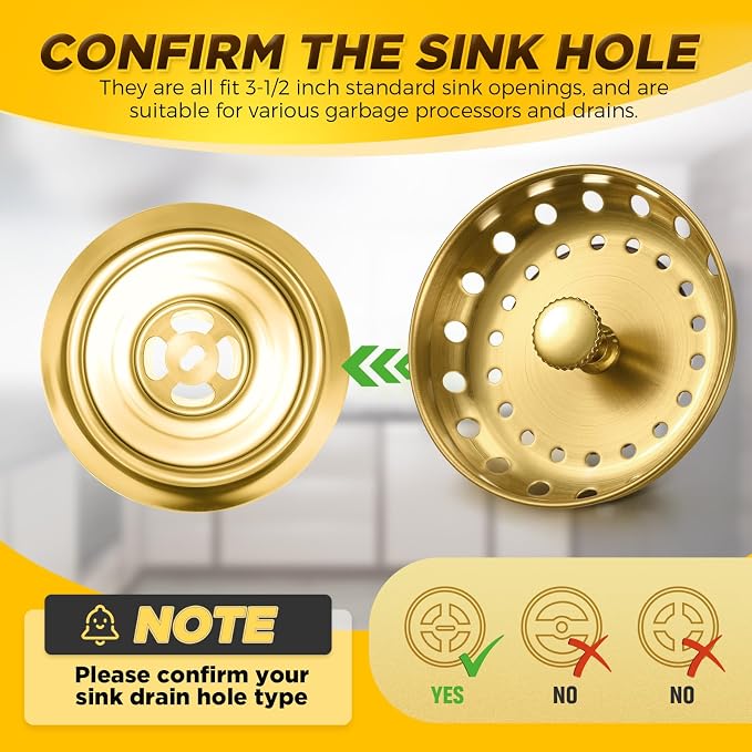 4 Pcs Brushed Gold Kitchen Sink Accessories Garbage Disposal Splash Guards 3.4'' Sink Drain Strainer and Stopper Stainless Steel Garbage Disposal Plug for Kitchen Drain Strainer