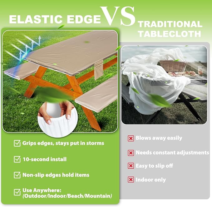 Wrakus Picnic Table Cover with Bench Covers Vinyl Elastic Edges Fitted Rectangle Seat Tables Waterproof 3-Piece72X30in Set Outdoor Rectangular Folding Backing Tablecloth for Camping Over Size