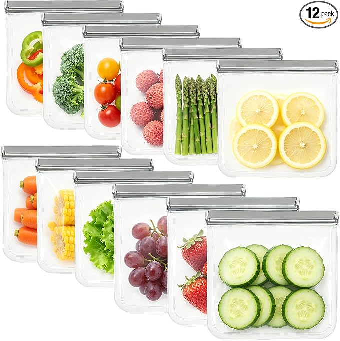 12Pack Reusable Freezer Bags Gallon Size, Silicone Lock Bags for Food Storage - Microwave & Dishwasher Safe, Leakproof Reusable Plastic Bags Ideal for Meal Prep, Leftovers, Snacks