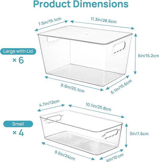 Vtopmart 10 Pack Clear Storage Bins with Lid Set for Pantry Organizer | 6 Large and 4 Small Plastic Pantry Storage Bins with Handle, Storage Containers for Pantry, Kitchen, Fridge, Cabinet