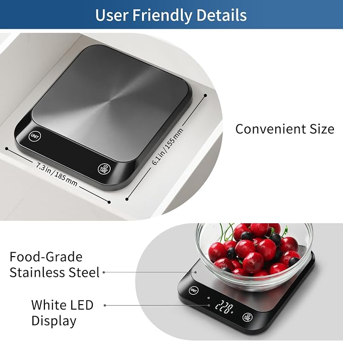 Vitafit 22lb Digital Food Kitchen Scale, High Accuracy Assured by Weighing Professional Factory Since 2001, Weight Loss, Baking and Cooking, LED Display, Batteries Included, Black