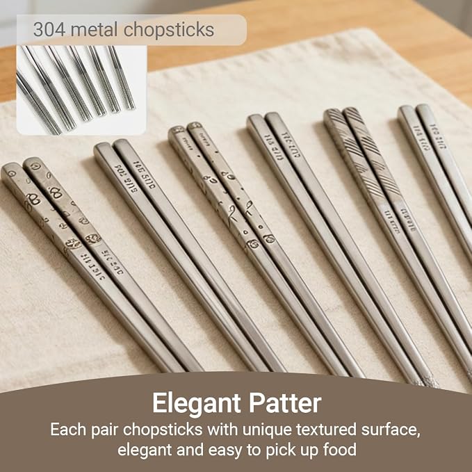 6Pairs Stainless Steel Chopsticks with Training Helper Grips, Reusable Metal Chopsticks with Laser Engraved Non-Slip Tips (9.25 Inches)